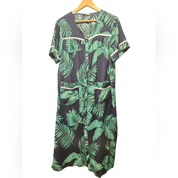 Ekouaer Tropical Palm Leaf Snap-Front House Dress/mumu - Size M - Picture 2 of 7